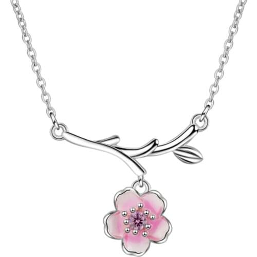Hot fashion personality temperament with short pink cherry blossom female silver plated necklaces SE073