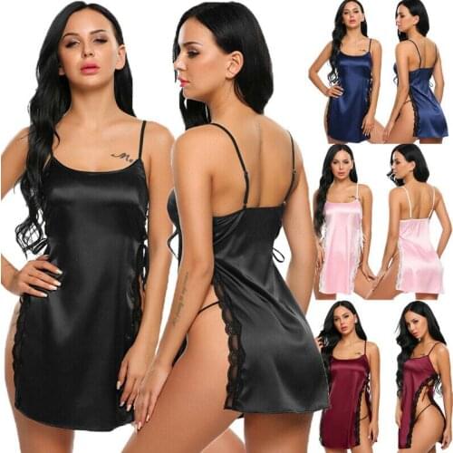 Women Sexy Lace Lingerie Split Satin Sleep Dress Nightwear Babydoll Sleepwear Skirt