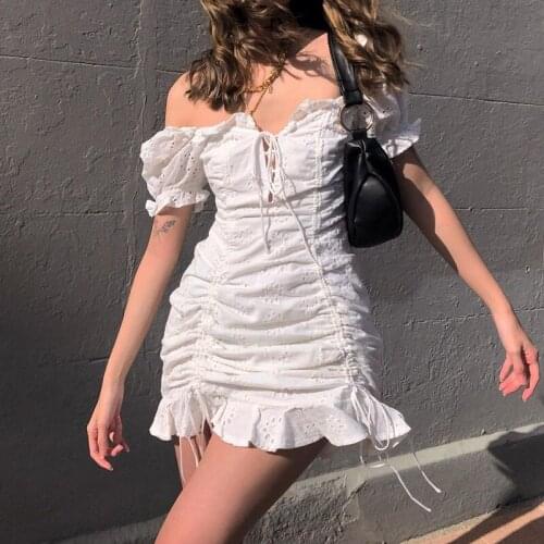 ZOGAA 2021 Fashion Square Neck Lace Up White Dress Women Drawstring Ruched Vintage Summer Dresses Mini Ruffles Elegant Jacquard