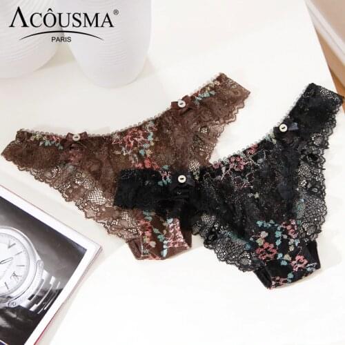 ACOUSMA Sweet Women Sexy Floral Lace G-String Seamless Hollow Out Button Bowknot Decoration T Back Thongs Female Soft Underwear