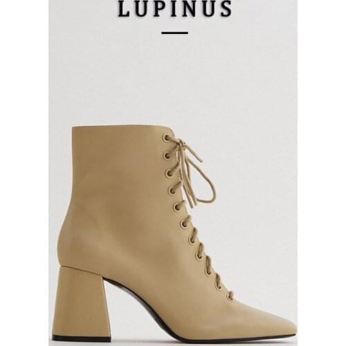 LUPINUS Autumn Square Toe Cross-Tied High Heels Boots Women Camel Color Ankle Boots For Women 2021 New PU Leather Women Shoes