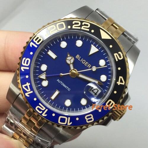 BLIGER 40mm stainless gold case Automatic GMT Watch Hand Jubilee blue Ceramic Bezel Sapphire Glass Top luxury mens Watch