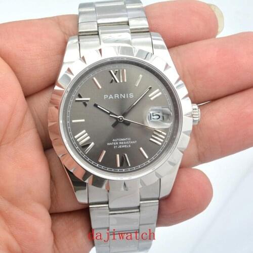 39mm Parnis Casual Fashion Waterproof Watch Silver Case Sapphire Crystal Automatic Date Stainless Steel Bracelet Mechanical Men