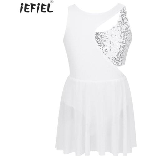 Kids Girls Ballet Dance Dress Shiny Sequins Skating Dress Casual Asymmetrical Patchwork Latin Ballet Tutu Dress Kids Dancewear