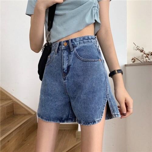 Denim Shorts Women 2021 Classic Vintage High Waist Blue Wide Leg Female Caual Summer Ladies Side Split Shorts Jeans for Women