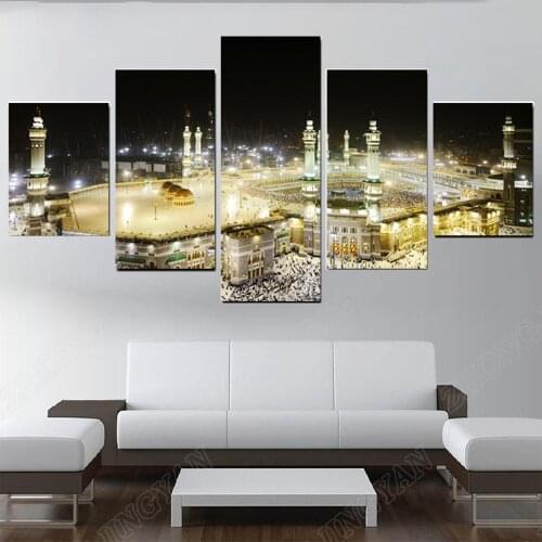 5Panel Print Pilgrimage to Mecca Sacred Oil Painting Religious Architecture Islamic Wall Picture for Living Room Cuadros Decor