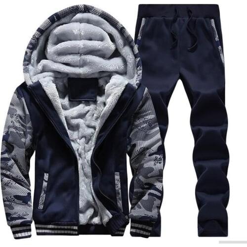 Winter Tracksuit Men Set Camouflage Patchwork Thicken Warm Hooded Jacket + Pants Sporting Two Pieces Sweatsuit Track Suits Men