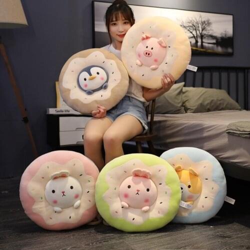 Creative Donuts Plush Pillow Round Shape Penguin Shiba Inu Rabbit Pig Plush Toy Lifelike Food Snack Cushion Plushie Props 5Kinds