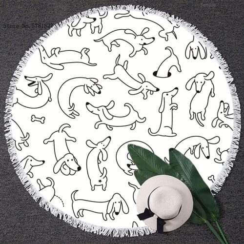 Dachshund Sausage Dog Round Tassels Beach Towel Summer Pet Dog Blanket Yoga Matt Swim Cover Cloth Cartoon Round Beach Towel