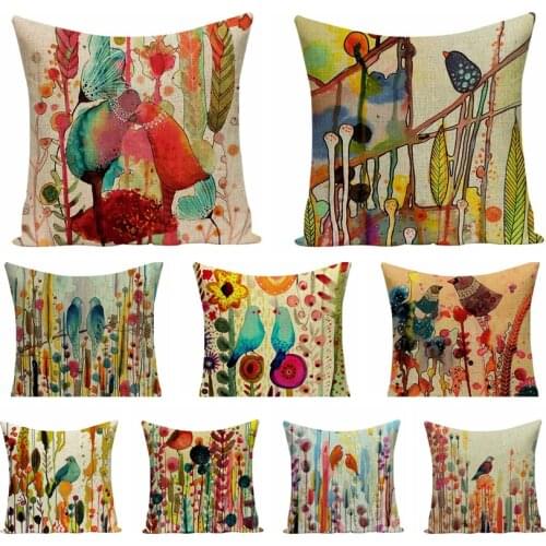 Painting Birds And Flowers Linen Square Pillowcase Watercolor Cushion Decorative Pillow Cushions Home Decor Sofa Throw Pillows