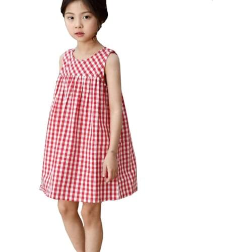 2019 summer cotton kids dress 4-14 yrs girls red plaid loose dresses sleeveless teens girl casual clothes Toddler bohemian dress