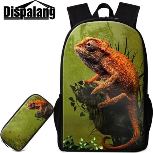 Dispalang 2 PCS Set Lizard Prints School Backpack Patterns Personalized Bookbag Cute Satchel Pencil Cases for Children Mochilas