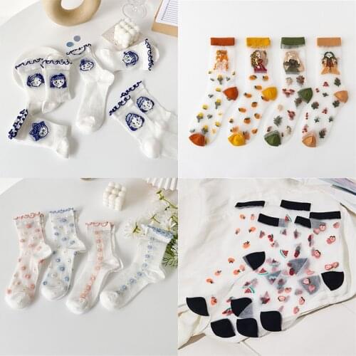 Summer Womens Socks Art Peach Daisy Girl Kawaii Trasparente Invisible Glass Silk Thin Breathable Cute Lolita lace female sock