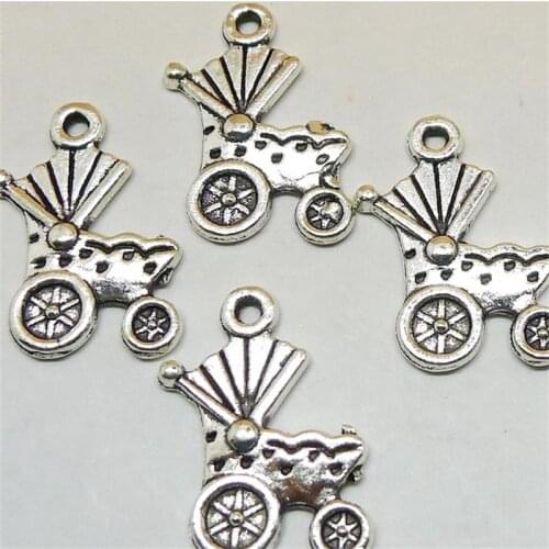 BULK 30 Zinc Alloy Baby Carriage Charms Baby Shower Gift Idea Antique Silver Plated Bracelet Bangle Charm Pendants 17*18mm 0.8g