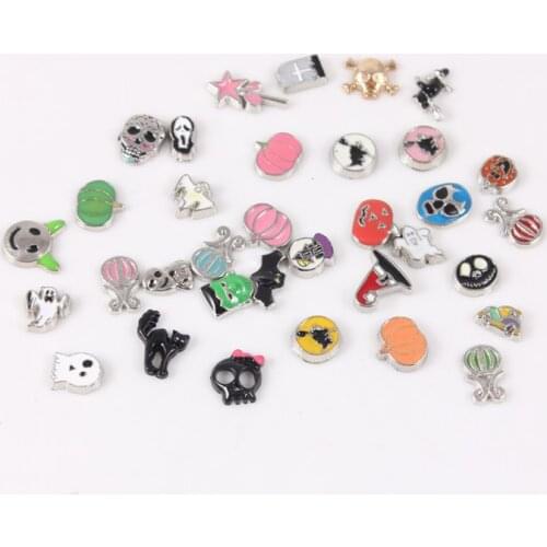 Halloween Floating Charms Enamel Skull Black Cat Witch Charms For Floating Memory Living Glass Lockets 20PCS Random Mix