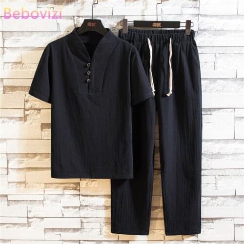 Plus Size M-5XL Black White Summer Cotton Linen Hanfu Sets Kung Fu Chinese Style Suit Men Traditional Tang Tops + Pants Clothes
