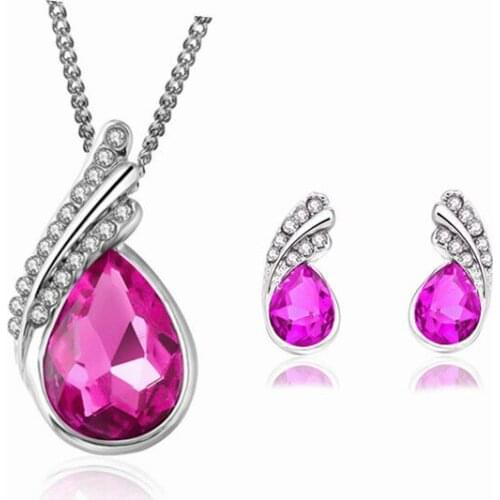 QiLeSen Fine jewelry 925 sterling silver suitable for ladies wedding water purple red crystal set necklace earrings set yw026