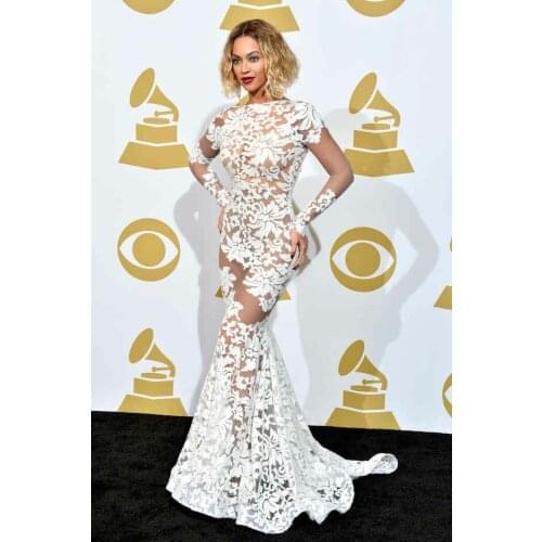 Long Sleeve Lace Celebrity Dresses Mermaid White Robe De Soiree Floor Length Illusion Back Formal Dresses for Women