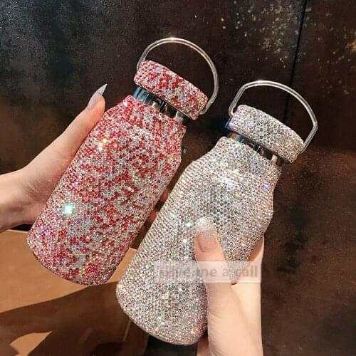New Shiny Full Diamond Vacuum Flask Handle 350ml Stainless Steel Portable Hot Water Bottle Thermos Mug Keep Ice Cup Girl Gifts