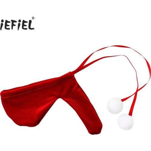 Sexy Mens Velvet Chrismas Fancy Mini Lingerie Panties Closed Sissy JJ Straps with Pompom Penis Sheath Thong Briefs Underwear