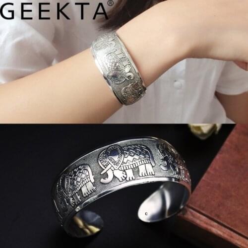 Vintage Indian Silver Color Wide Bangle Adjustable Opening Bracelet Bohemian Ethnic Elephant Geometric Carved Hand Cuff Jewelry