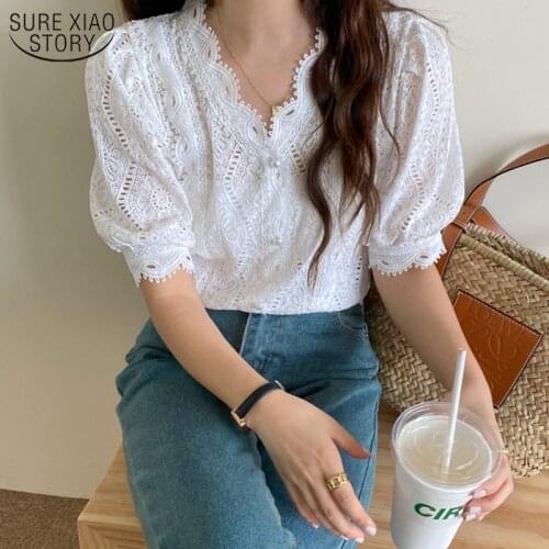 2021 Korean V-neck Lace Shirt Hollow Out Embroidery Chiffon Shirt Women Vintage Single-breasted Short-sleeved Shirt Woman 13802