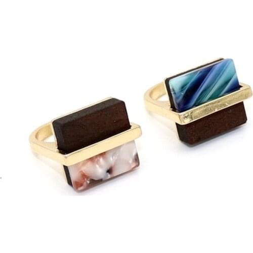 Sqaure Acetic Acid Acrylic & Wood Rings Fashion Inner Dia 1.7cm Gold Color Brincos Pendientes Jewelry for Women