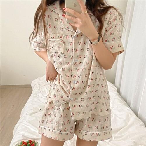 Women summer pajamas set home suit floral print cute short sleeve top shorts sleepwear 2 piece set home clothes blouse Y392