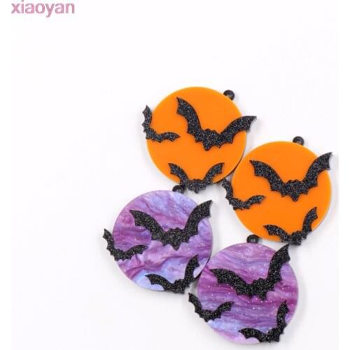 1pair) 35mm Halloween For Earrings Purple Moon Black Bat Gliter Acrylic Jewelry Accessories