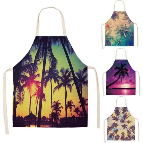 1 Pcs Coconut Tree Plant Printed Cotton Linen Apron Bibs for Women Barbecue Cooking Baking Kitchen Cleaning Aprons WQ111