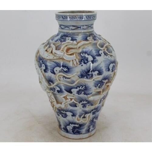 9 Antique YuanDynasty porcelain bottle,blue & white sea water dragon vase,Hand-painted crafts,Decoration,Collection&Adornment