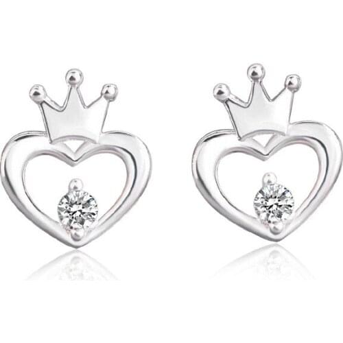 925 Sterling Silver Piercing Crystal Heart Crown Stud Earring for Women Wedding Party Accessories Brincos pendientes A134
