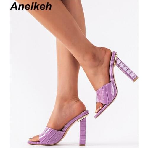 Aneikeh 2021 NEW Summer Fashion Patent Leather Checkered Texture Square Heels Ladies Slippers Sexy Head Peep Toe Slip-On Shoes