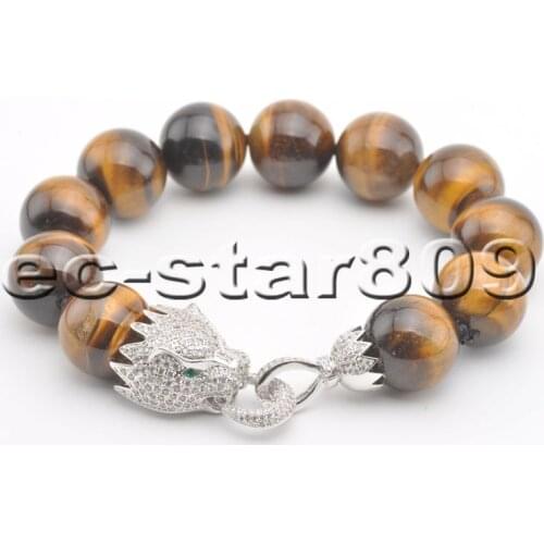 S2239 Big 8" Natural 18mm Yellow Tigers-eye Bead Bracelet Cougar CZ