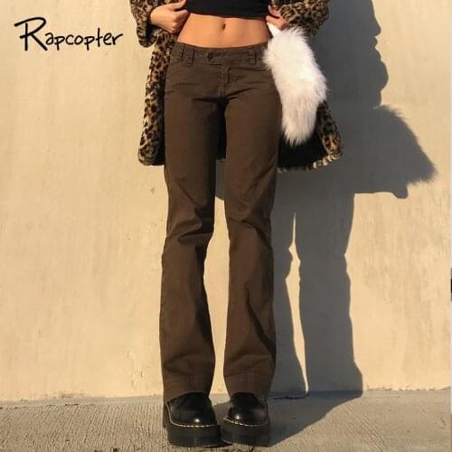 Rapcopter Brown Vintage Cargo Pants Button Zipper Trousers Low Waisted Joggers Strecthable Streetwear Women Harajuku Y2K Pants