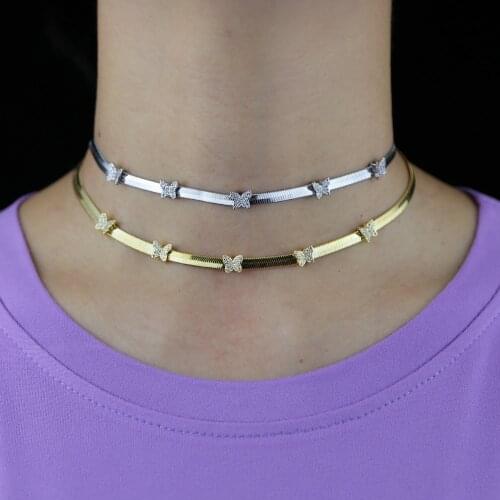 Women Jewelry Butterfly Pendant Necklace Female Cz Shining Statement Crystal Charm Choker Snake Chain Necklace for Party Jewelry