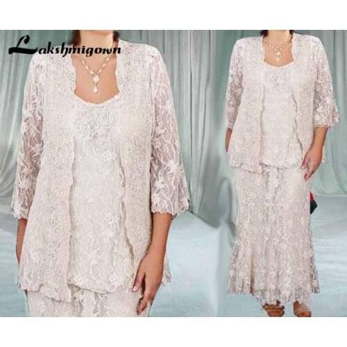 Elegant Ankle Length Lace Mother Of The Bride Dresses Sheath Mothers Formal Gowns Plus Size Mom Groom Dress Suit Plus Size