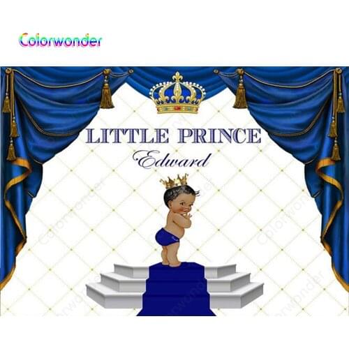 Little Prince Series Photo Background Baby Boy with Crown Standing on the Steps with Carpet 7x5ft White Baby Shower Backdrops
