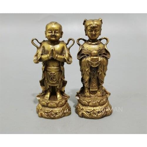 Chinese Elaboration Brass “ Golden Boy And Jade Girl ” Metal Handicraft Home Decoration