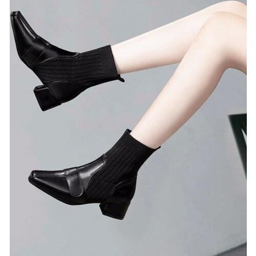 Nice Autumn Women Boots Square toe knitted womens boots High Heel Ankle Boots Vogue Square Toe Boots Black zapatos de mujer