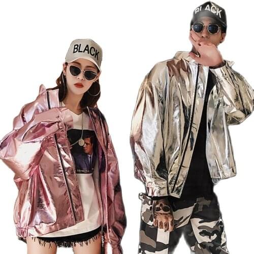 Spring Autumn Jacket Women Street Plus Size Loose Metal Color Pink Purple Silver Stand Neck Coat Party Fashion Female Outercoat