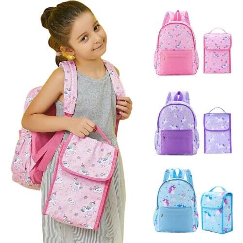 2pcs/set Cute Girls and Boys Back to School Unicorn Backpack with Lunch Bag Primary School Canvas Cartoon Schoolbags for Kids