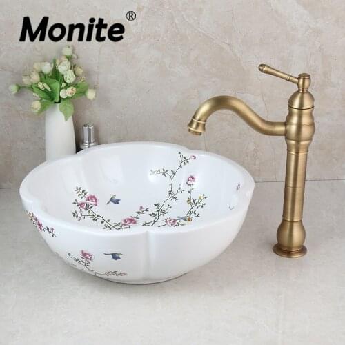 Monite Art Ceramic Basin Spring Blossoms Design Washbasin Bathroom Sink Set Antique Brass Water Mixer Tap Faucet W/ Pop Up Drain