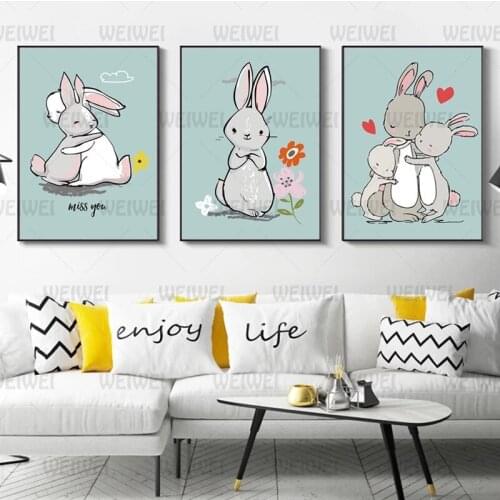 Cartoon Rabbit Lovely Cartoon Animal Canvas Child Poster Nursery Print Wall Art Picture Painting Nordic Kid Baby Bedroom Decor