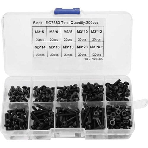 300Pcs M3 Screw Nut Set Black 10.9 Grade Button Head Hex Socket Screw Bolt Nut Assortment Kit
