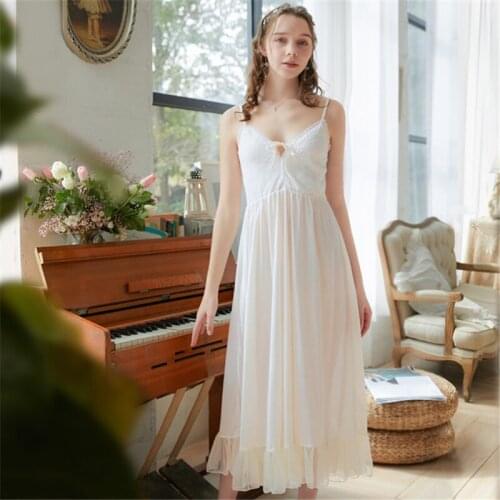Sling nightdress female summer white retro palace style sweet Nightwear sexy long home service ночная рубашка Sleepwear