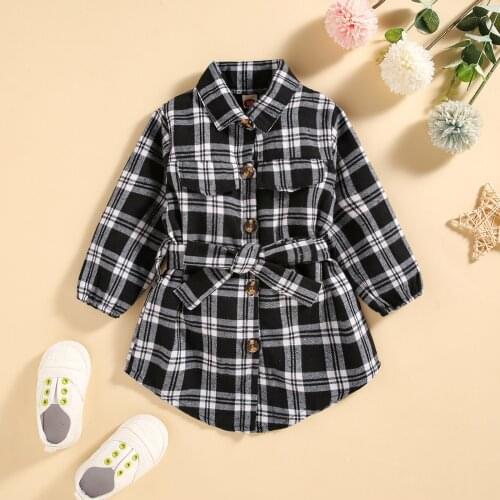 FOCUSNORM 0-4Y Lovely Kids Girls Plaid Dress With Belt Long Sleeve Single Breasted Turn Down Collar Straight Dress