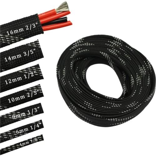 100ft-30m Silver black 4 6 8 10 12 14 16mm Braid PET Expandable Sleeving High Density Plaited Cable Sleeves Fabric Cable DIY