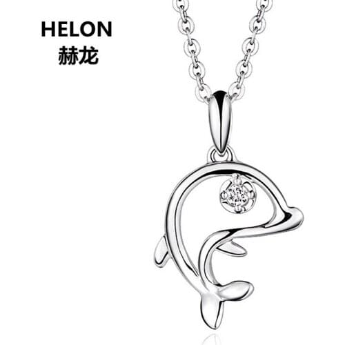 Solid 14k White Gold Natural Diamonds Women Pendant Romantic Dolphins Pendant Fine Jewelry Anniversary Engagement Wedding Gift