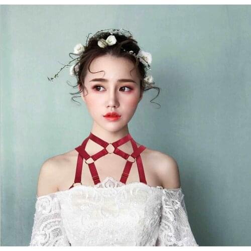Pastel Goth Red O-Rings Body Harness Punk Pole Dance Elastic Bondage Harness Bra Rave Garter Belt for Women Lingerie Body Cage